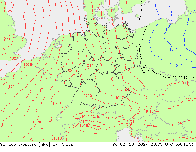 Surface pressure UK-Global Su 02.06.2024 06 UTC