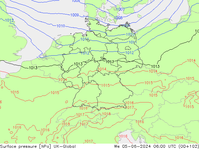 Atmosférický tlak UK-Global St 05.06.2024 06 UTC