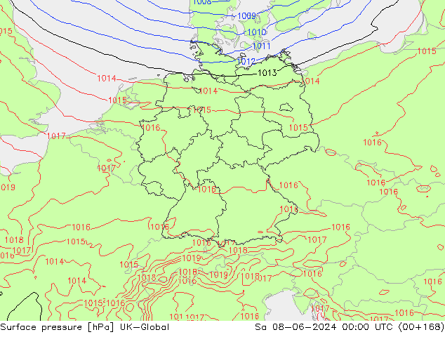 Atmosférický tlak UK-Global So 08.06.2024 00 UTC