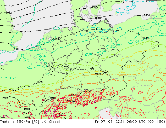 Theta-e 850hPa UK-Global Fr 07.06.2024 06 UTC