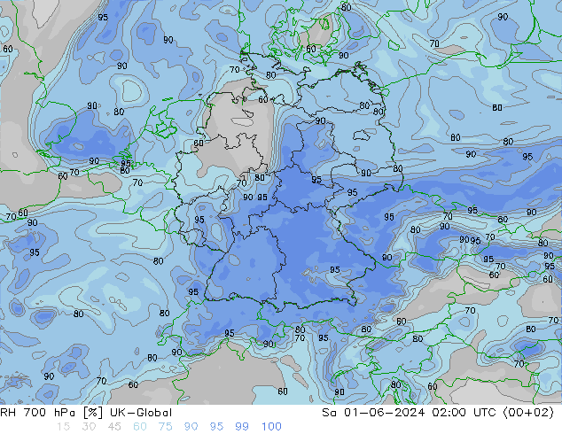 Humidité rel. 700 hPa UK-Global sam 01.06.2024 02 UTC
