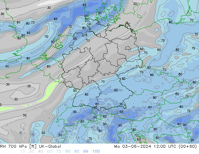 Humidité rel. 700 hPa UK-Global lun 03.06.2024 12 UTC