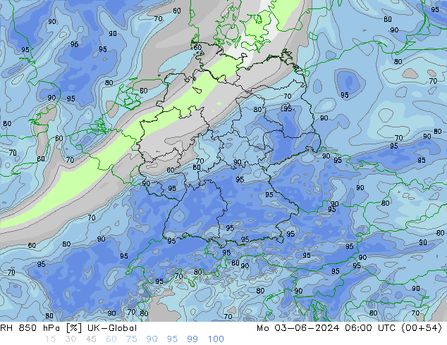 Humidité rel. 850 hPa UK-Global lun 03.06.2024 06 UTC