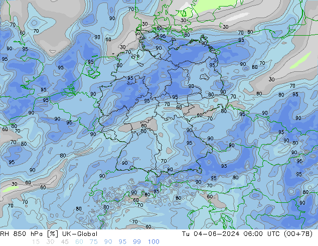 Humidité rel. 850 hPa UK-Global mar 04.06.2024 06 UTC