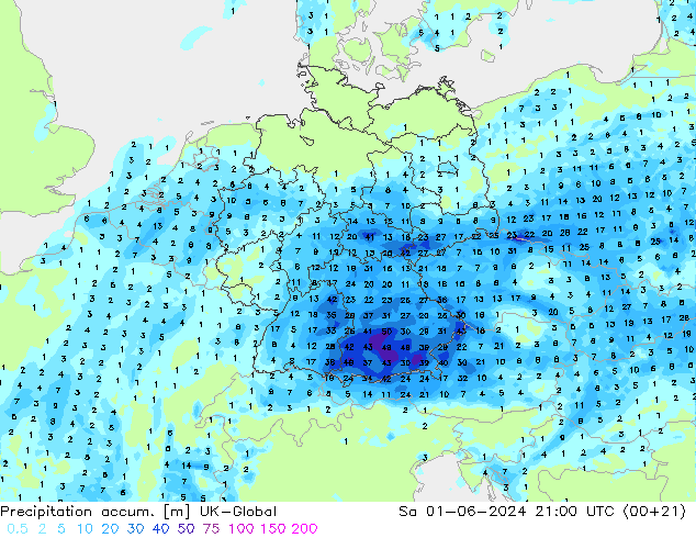 Precipitation accum. UK-Global So 01.06.2024 21 UTC