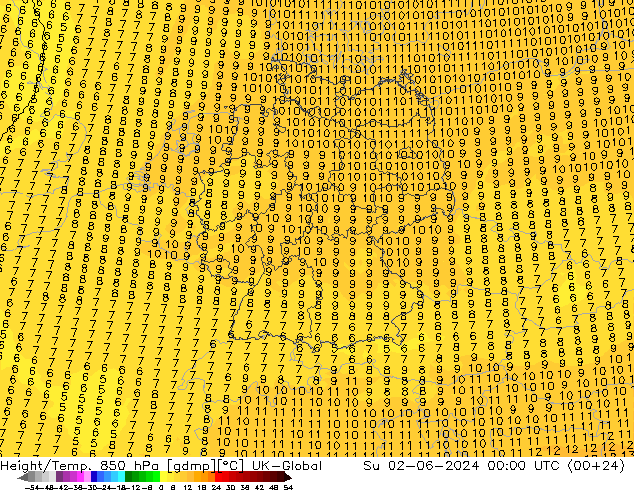 Height/Temp. 850 hPa UK-Global Su 02.06.2024 00 UTC