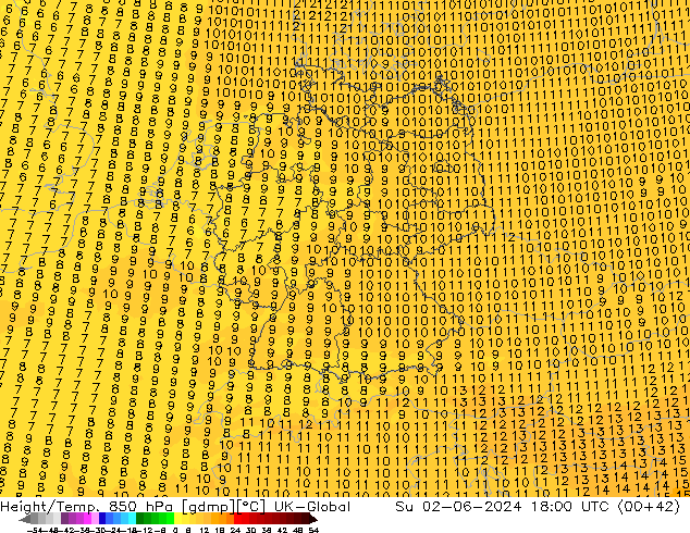 Hoogte/Temp. 850 hPa UK-Global zo 02.06.2024 18 UTC