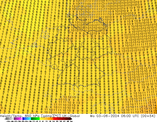 Height/Temp. 850 hPa UK-Global Mo 03.06.2024 06 UTC