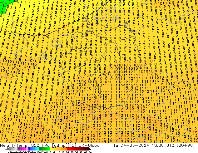 Yükseklik/Sıc. 850 hPa UK-Global Sa 04.06.2024 18 UTC