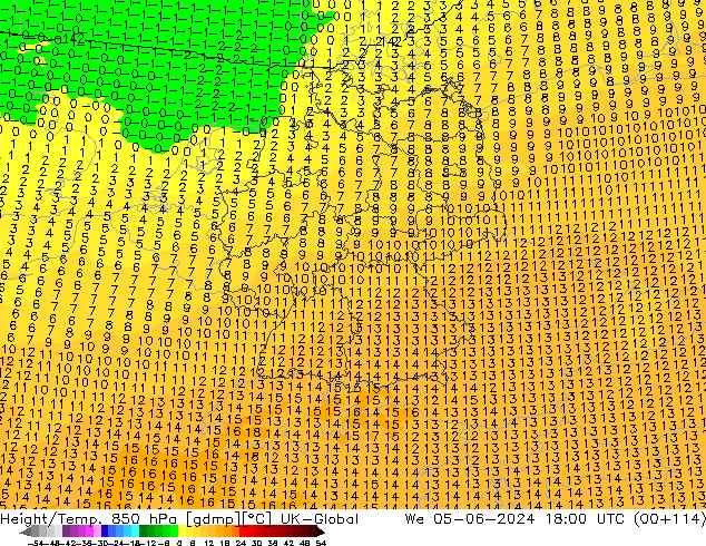 Yükseklik/Sıc. 850 hPa UK-Global Çar 05.06.2024 18 UTC