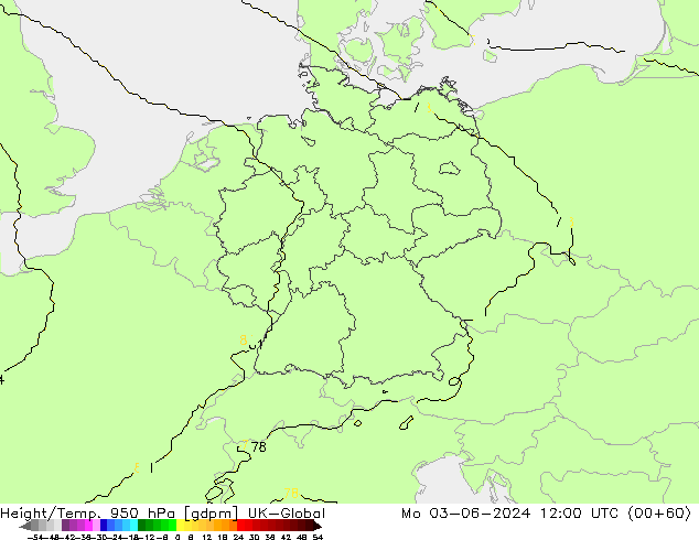 Geop./Temp. 950 hPa UK-Global lun 03.06.2024 12 UTC