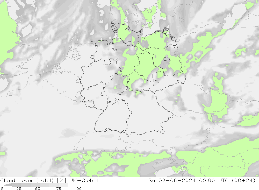 Bewolking (Totaal) UK-Global zo 02.06.2024 00 UTC