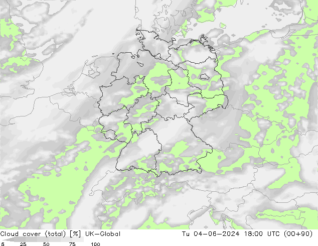 Bewolking (Totaal) UK-Global di 04.06.2024 18 UTC