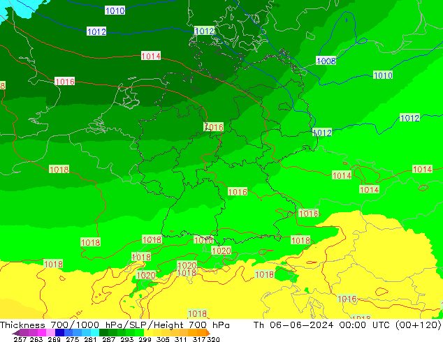 Thck 700-1000 hPa UK-Global Čt 06.06.2024 00 UTC