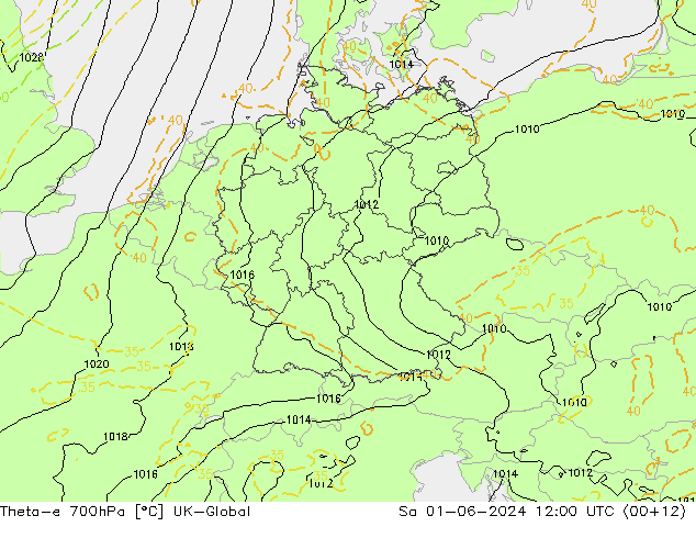 Theta-e 700гПа UK-Global сб 01.06.2024 12 UTC