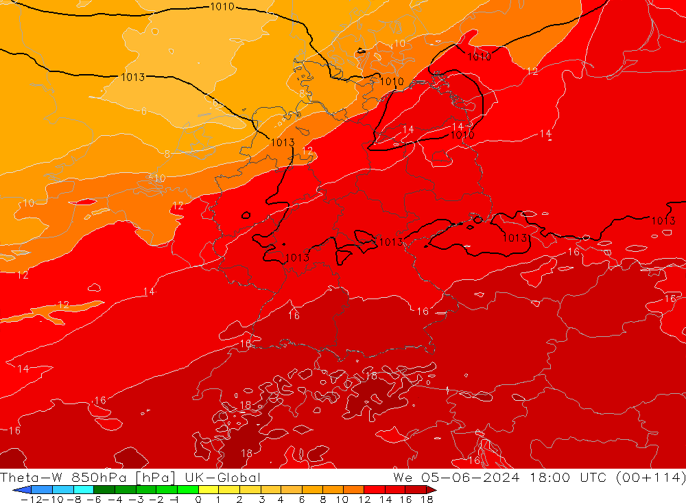 Theta-W 850hPa UK-Global Qua 05.06.2024 18 UTC