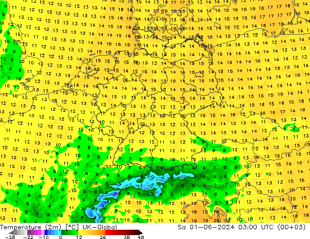 Temperatura (2m) UK-Global Sáb 01.06.2024 03 UTC