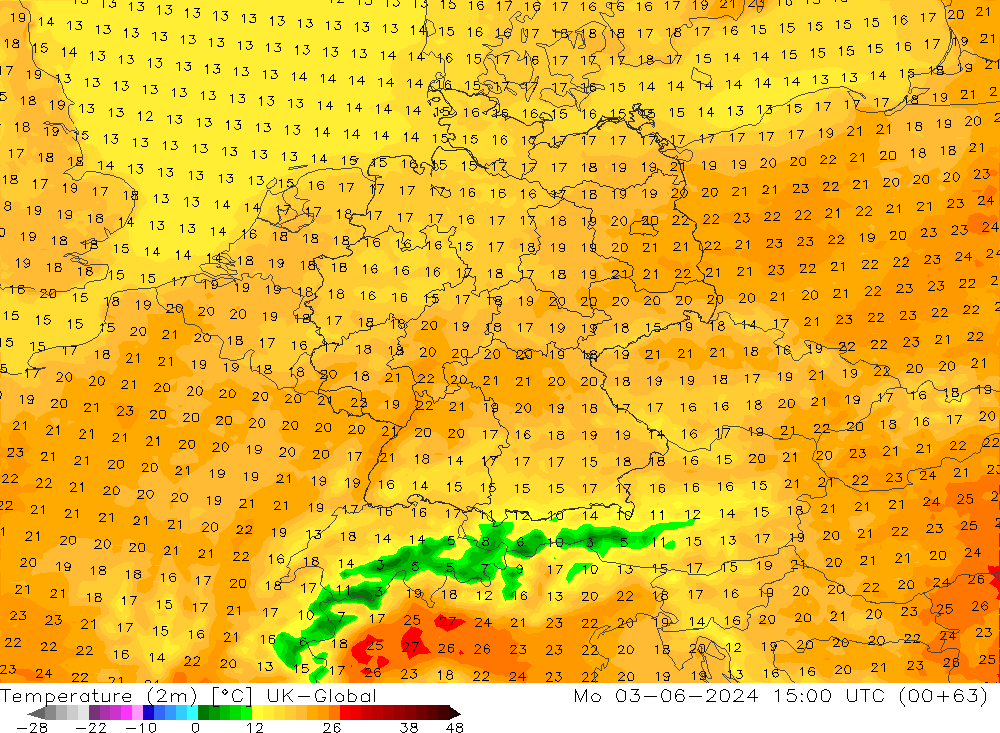 Temperature (2m) UK-Global Mo 03.06.2024 15 UTC