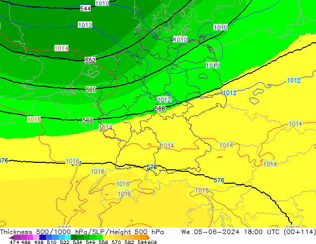 Espesor 500-1000 hPa UK-Global mié 05.06.2024 18 UTC