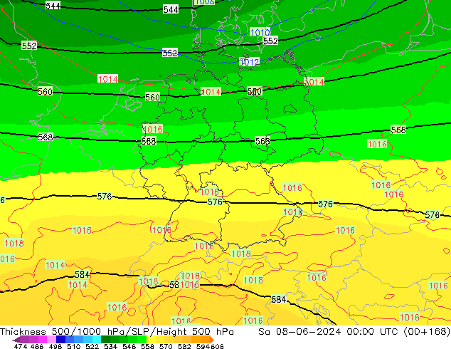 Dikte 500-1000hPa UK-Global za 08.06.2024 00 UTC