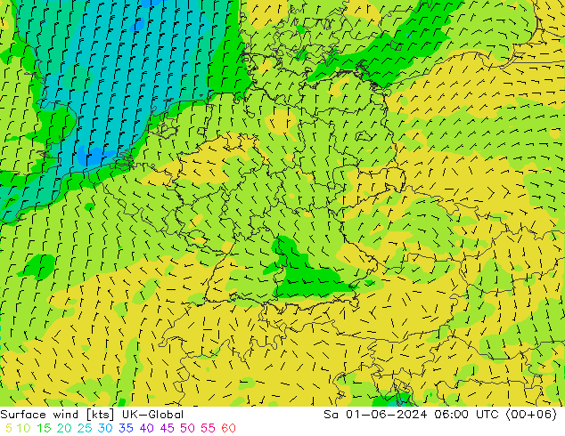 Vent 10 m UK-Global sam 01.06.2024 06 UTC