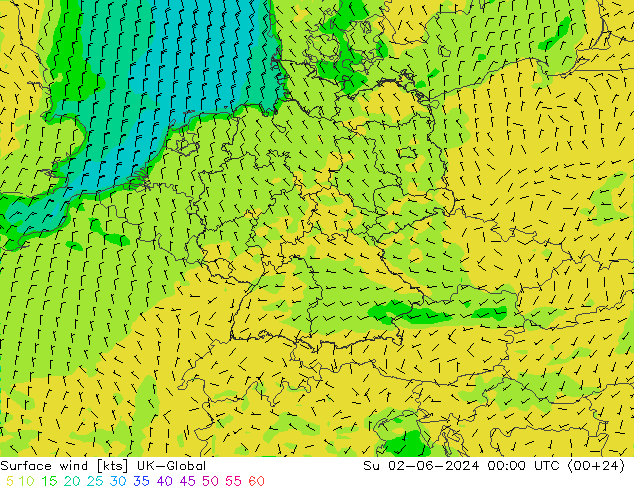 Surface wind UK-Global Su 02.06.2024 00 UTC