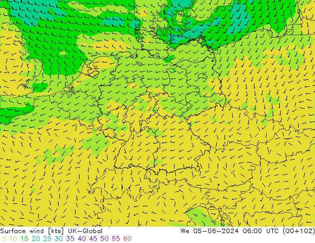 Surface wind UK-Global We 05.06.2024 06 UTC