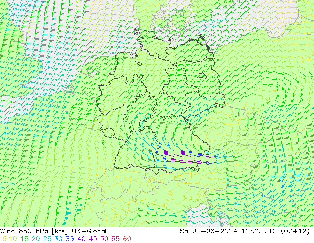 Vento 850 hPa UK-Global Sáb 01.06.2024 12 UTC