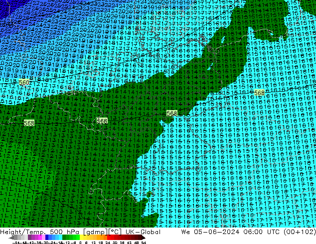 Height/Temp. 500 hPa UK-Global We 05.06.2024 06 UTC