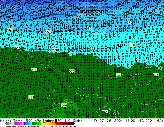 Height/Temp. 500 hPa UK-Global Fr 07.06.2024 18 UTC