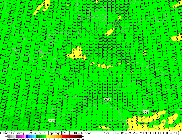 Height/Temp. 700 hPa UK-Global Sa 01.06.2024 21 UTC