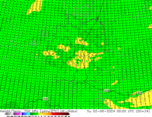 Hoogte/Temp. 700 hPa UK-Global zo 02.06.2024 00 UTC