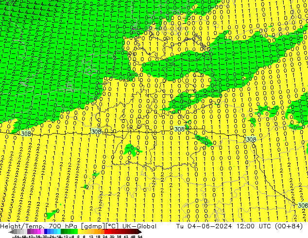 Géop./Temp. 700 hPa UK-Global mar 04.06.2024 12 UTC