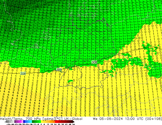 Height/Temp. 700 hPa UK-Global We 05.06.2024 12 UTC