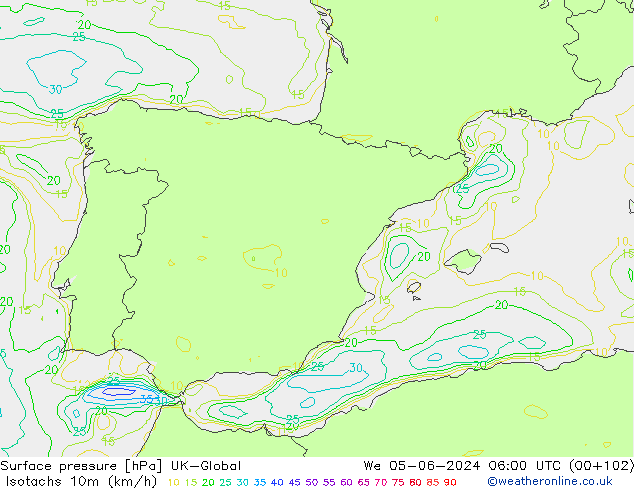 Isotachen (km/h) UK-Global wo 05.06.2024 06 UTC