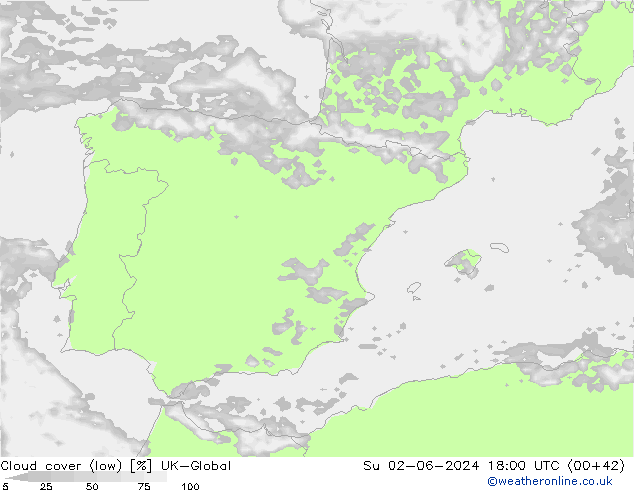 Cloud cover (low) UK-Global Su 02.06.2024 18 UTC
