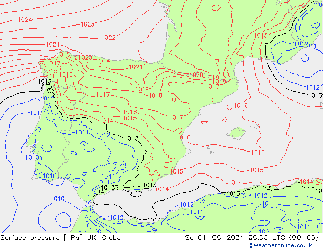 Presión superficial UK-Global sáb 01.06.2024 06 UTC