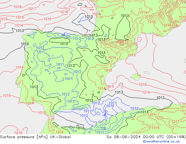 Presión superficial UK-Global sáb 08.06.2024 00 UTC