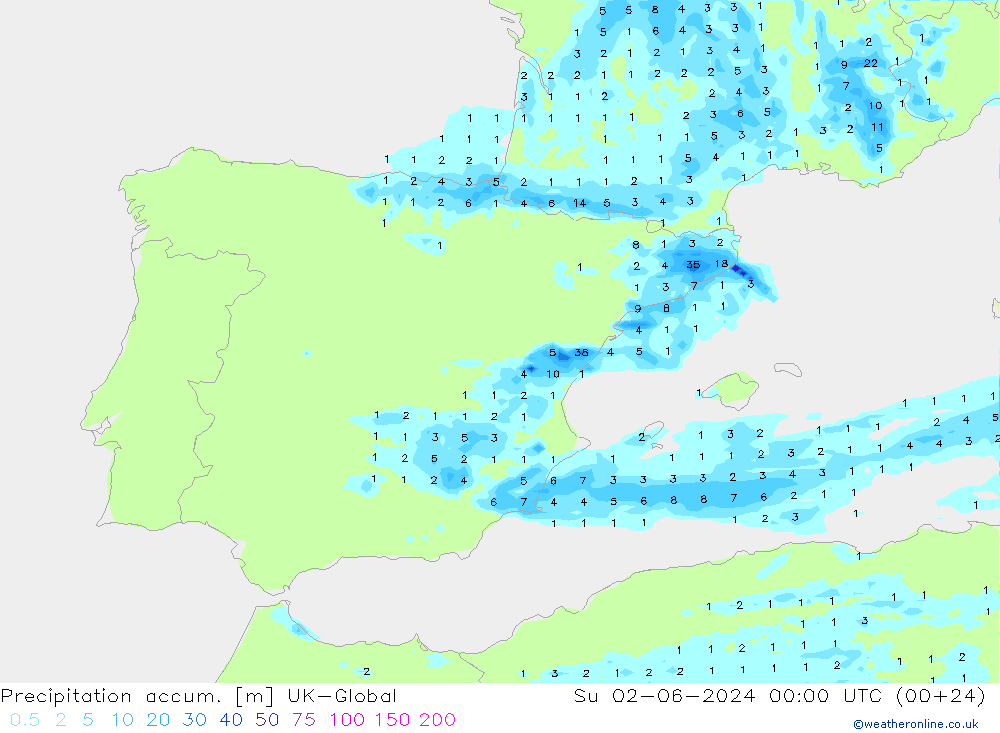 Precipitation accum. UK-Global Su 02.06.2024 00 UTC