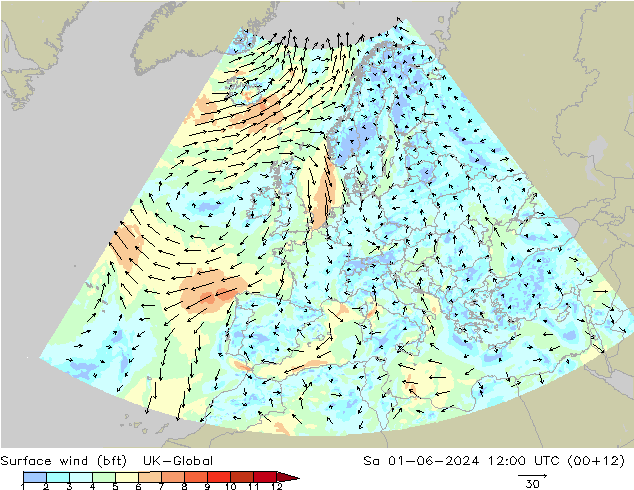 Surface wind (bft) UK-Global Sa 01.06.2024 12 UTC