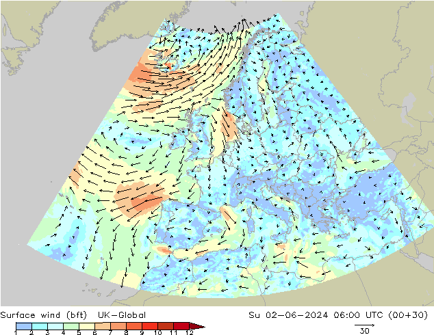 Wind 10 m (bft) UK-Global zo 02.06.2024 06 UTC