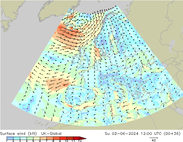 Wind 10 m (bft) UK-Global zo 02.06.2024 12 UTC
