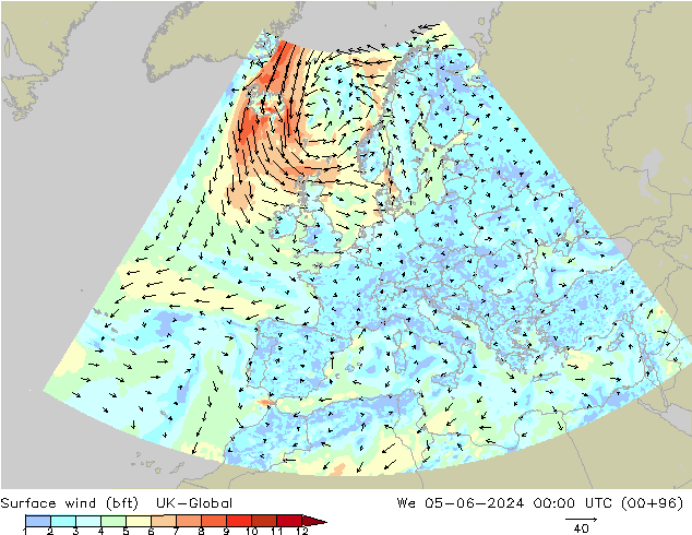 Surface wind (bft) UK-Global We 05.06.2024 00 UTC