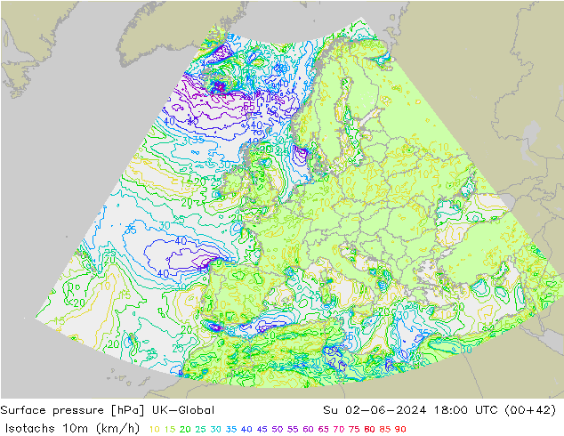 Isotachs (kph) UK-Global Ne 02.06.2024 18 UTC