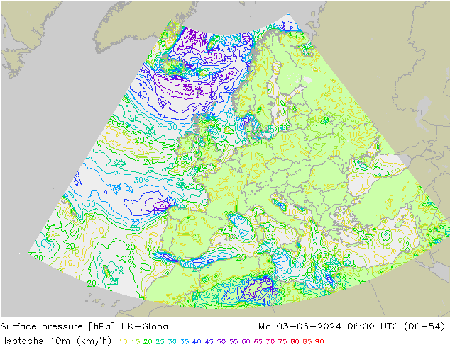 Isotachs (kph) UK-Global пн 03.06.2024 06 UTC