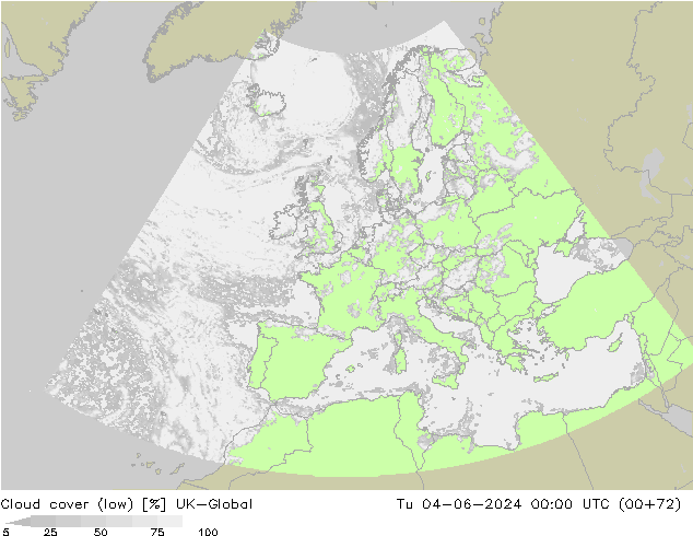 Cloud cover (low) UK-Global Tu 04.06.2024 00 UTC