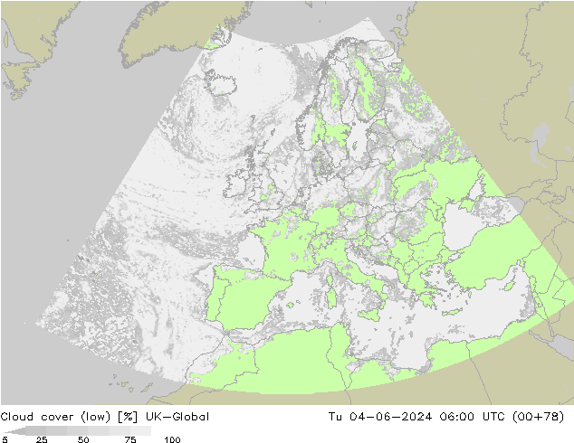 Bewolking (Laag) UK-Global di 04.06.2024 06 UTC