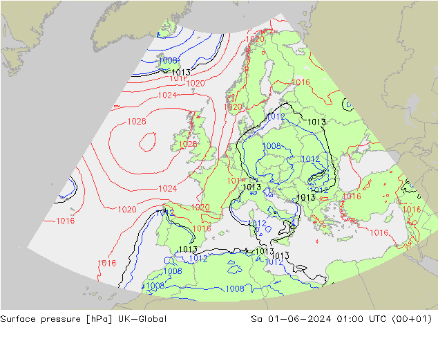 Pressione al suolo UK-Global sab 01.06.2024 01 UTC