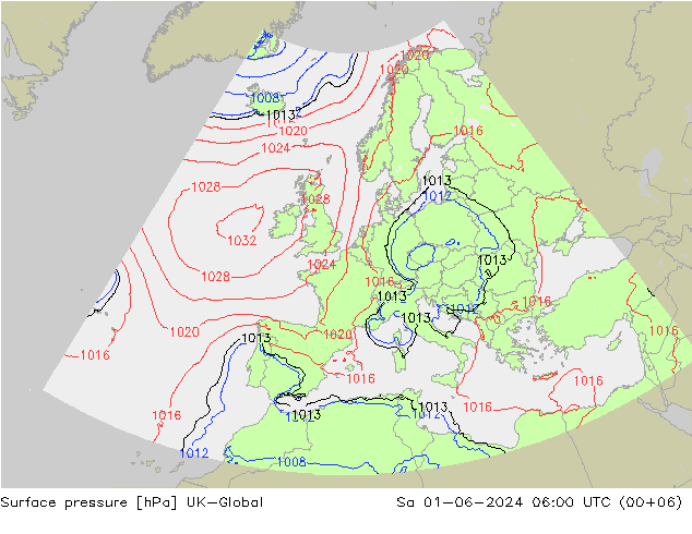 Atmosférický tlak UK-Global So 01.06.2024 06 UTC