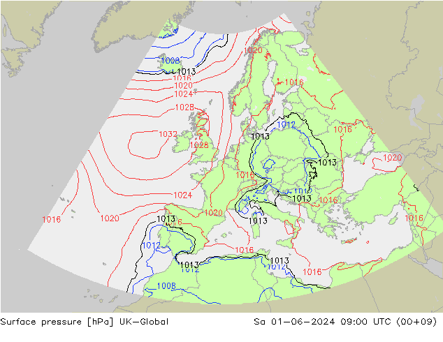 Pressione al suolo UK-Global sab 01.06.2024 09 UTC